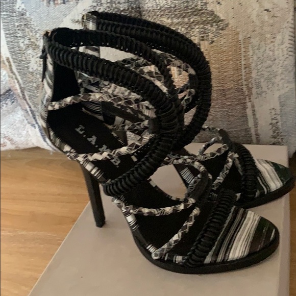 L.A.M.B. Black White Gladiator Heels Sandals US7 - Picture 4 of 5